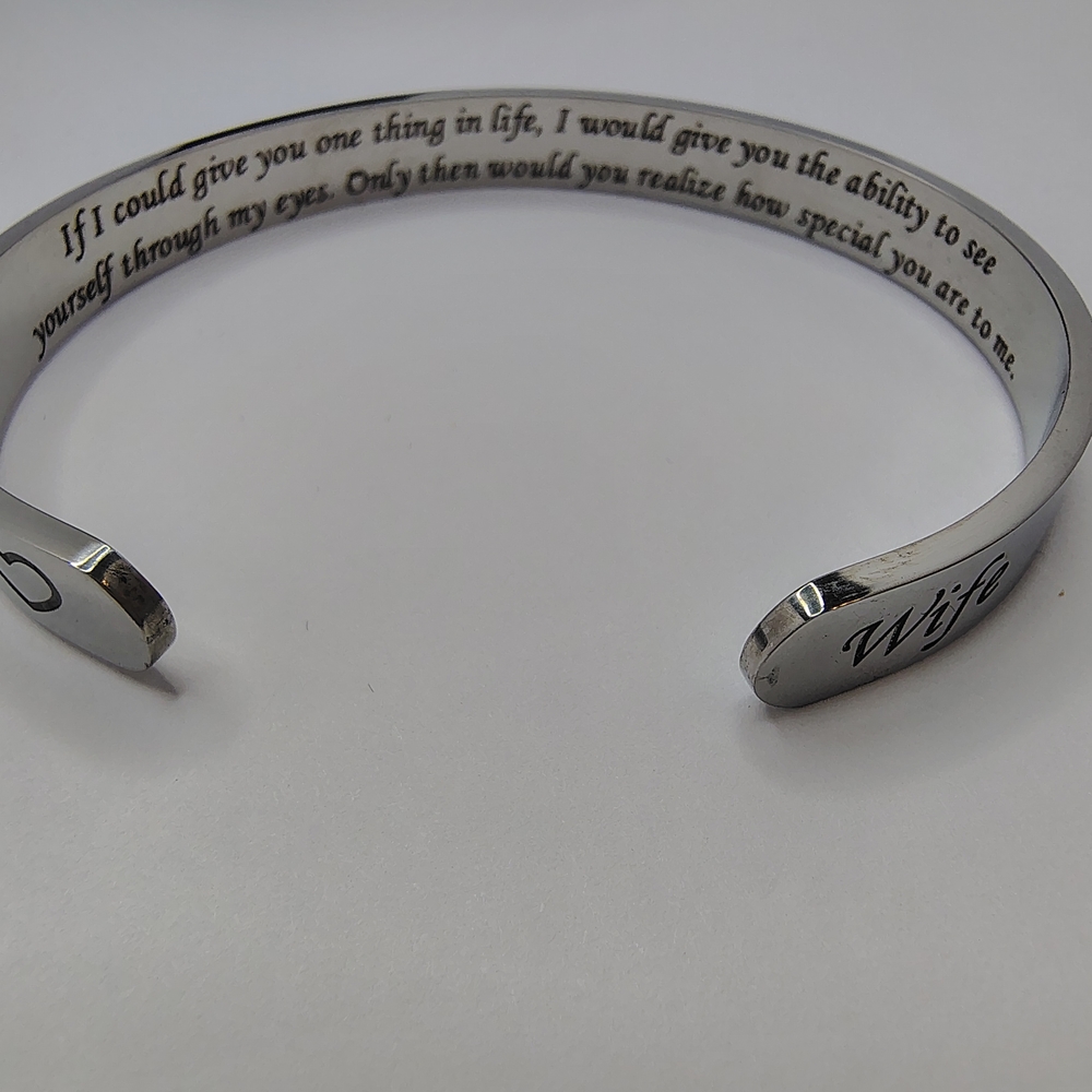 New Engraved Silver Cuff Bracelet with 'Wife' Script